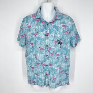 Margaritaville Mens Button Front Shirt Sz S Flamingo Palm Hawaii Aloha Blue Pink